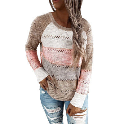 Women's casual knitted sweater with openwork pattern, color block inserts, and loose fit Drune