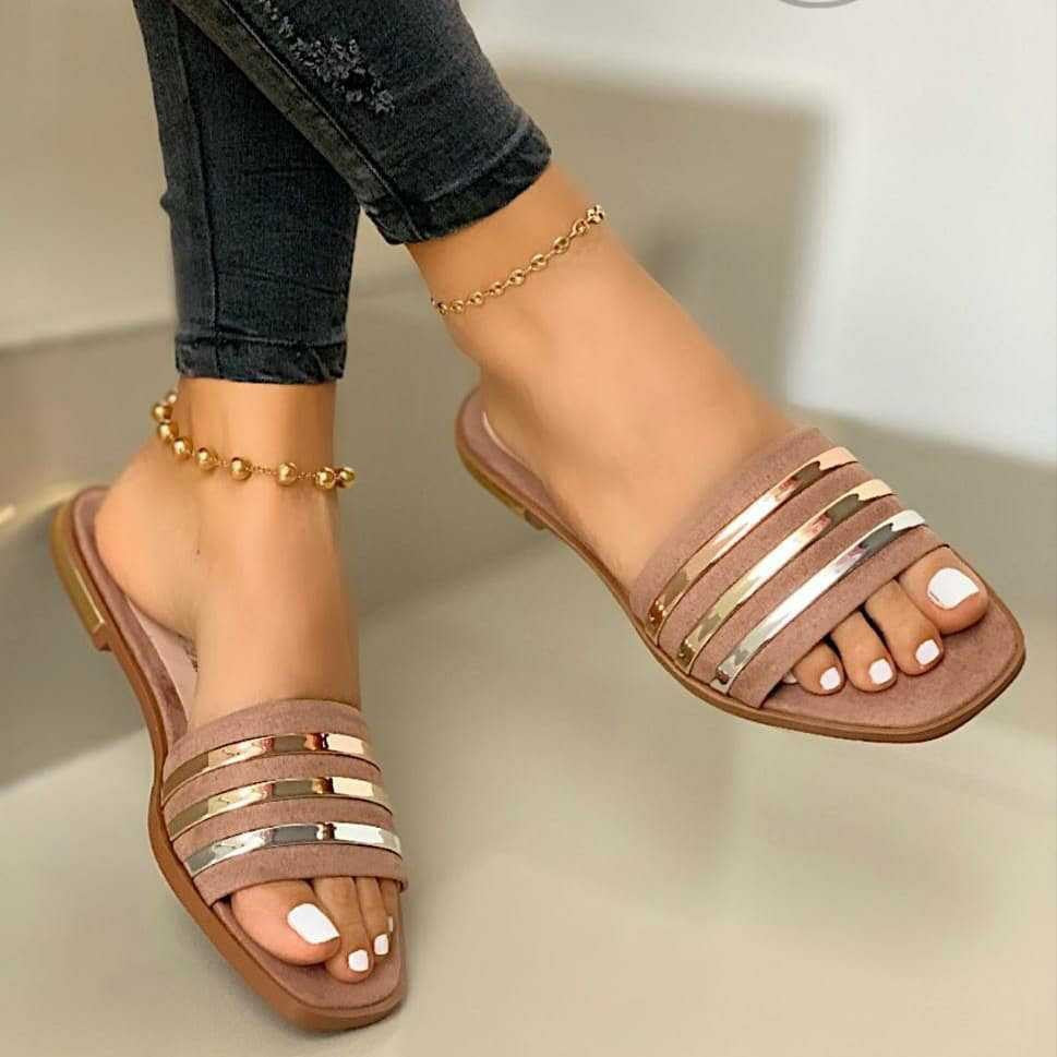 Ladies' flat slip-on sandals with multi-stripe metallic strips and padded comfort footbed Mune Fashion
