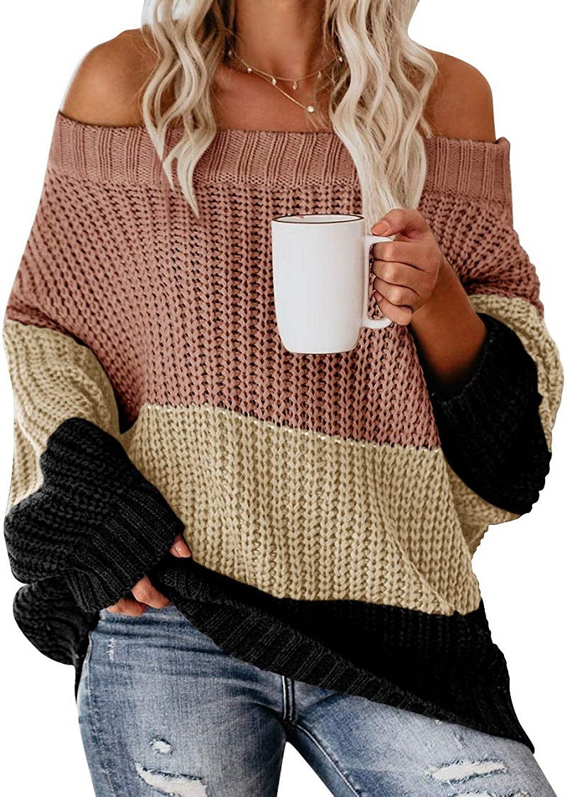 Women's Off-shoulder Oversize Block Stripe Knit Sweater Mune Fashion