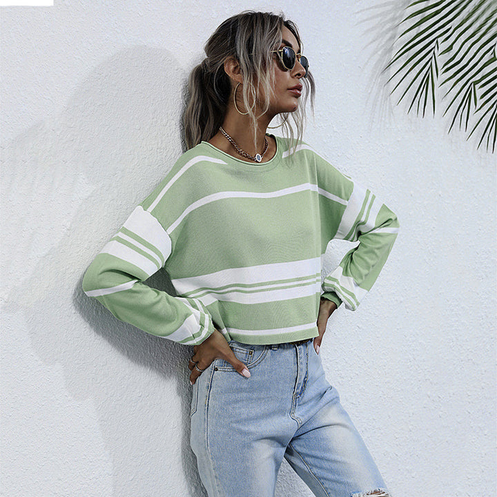 Women Striped Cropped Fine Knit Sweater with Wide Raglan Sleeves Mune Fashion