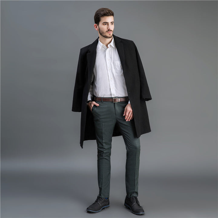Men Timeless Long Wool Coat with Slim Lapel and Two-Button Closure Mune Fashion