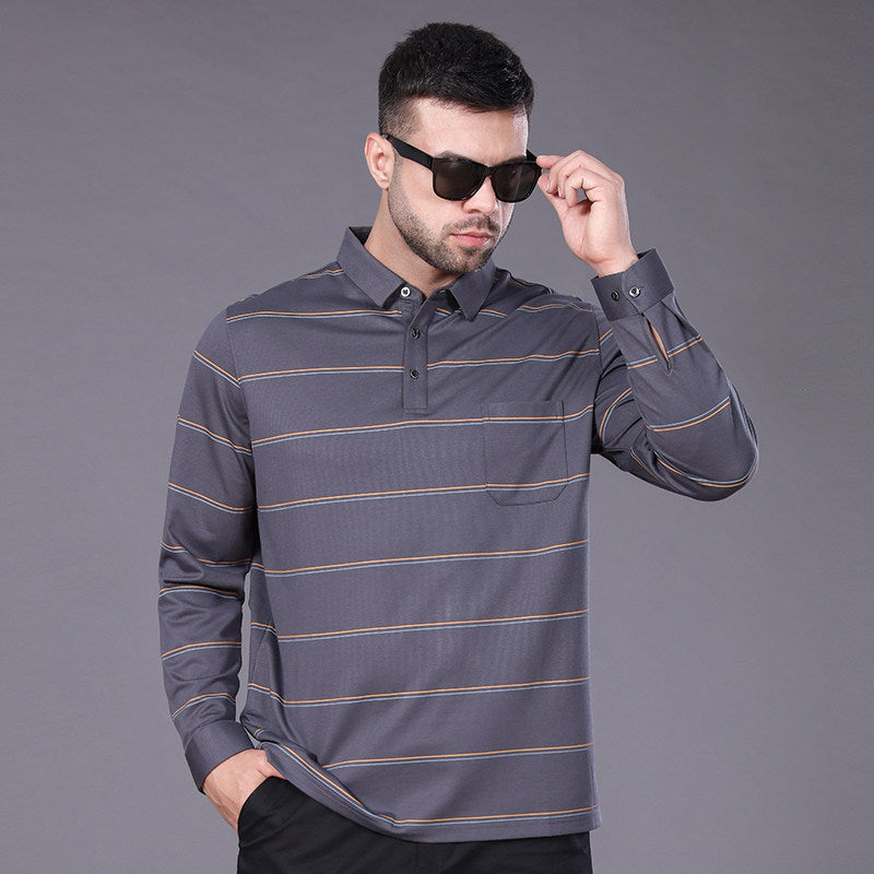 Men's Long-Sleeved Polo Shirt with Chest Pocket and Fine Striped Pattern Mune Fashion