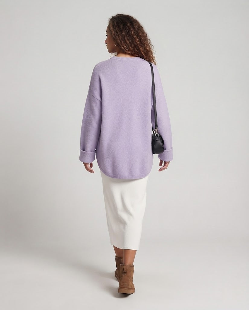 Ladies Oversize Long Sweater in Mohair Look with Round Neck, Drop Shoulder and Side Slit Mune Fashion