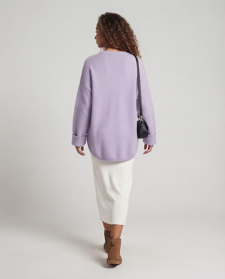Ladies Oversize Long Sweater in Mohair Look with Round Neck, Drop Shoulder and Side Slit Mune Fashion