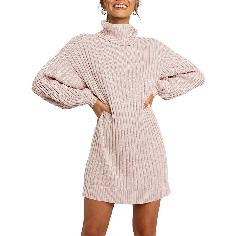 Women Ribbed Turtleneck Mini Dress with Oversized Silhouette and Balloon Sleeves Mune Fashion