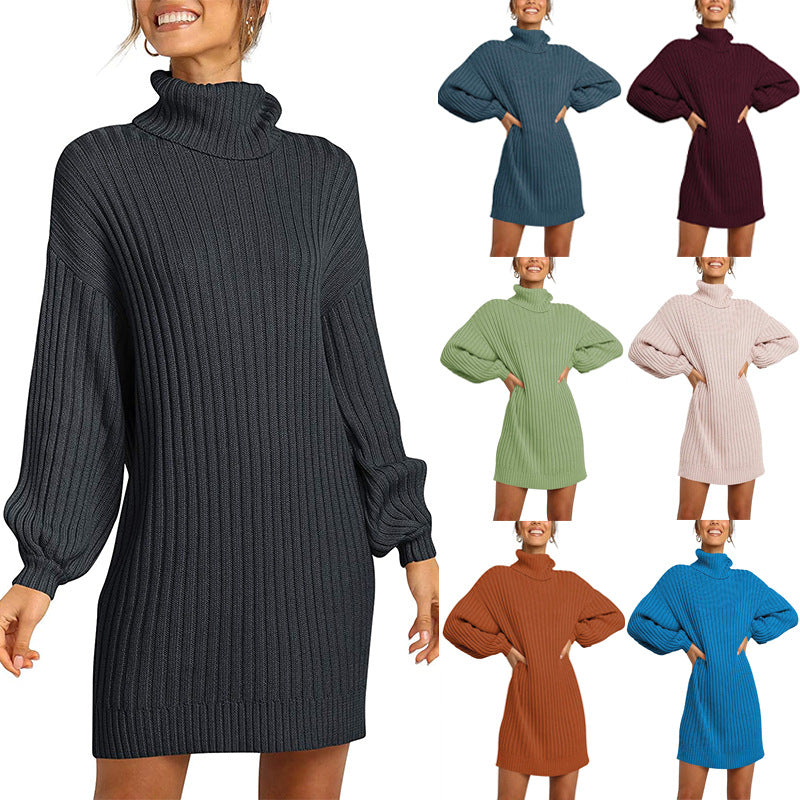 Women Ribbed Turtleneck Mini Dress with Oversized Silhouette and Balloon Sleeves Mune Fashion