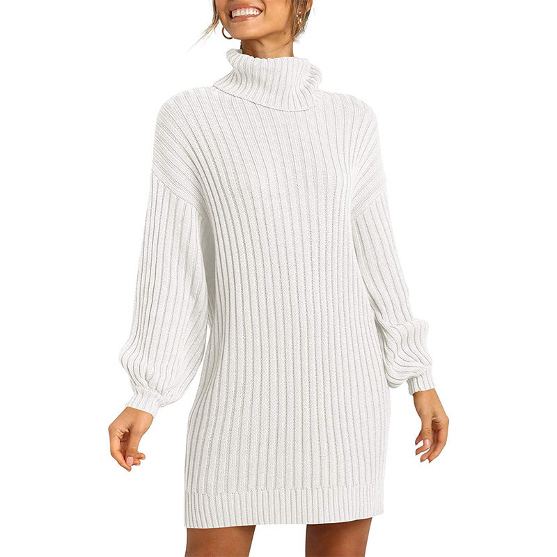 Women Ribbed Turtleneck Mini Dress with Oversized Silhouette and Balloon Sleeves Mune Fashion