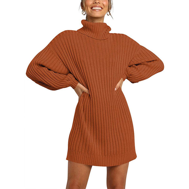 Women Ribbed Turtleneck Mini Dress with Oversized Silhouette and Balloon Sleeves Mune Fashion