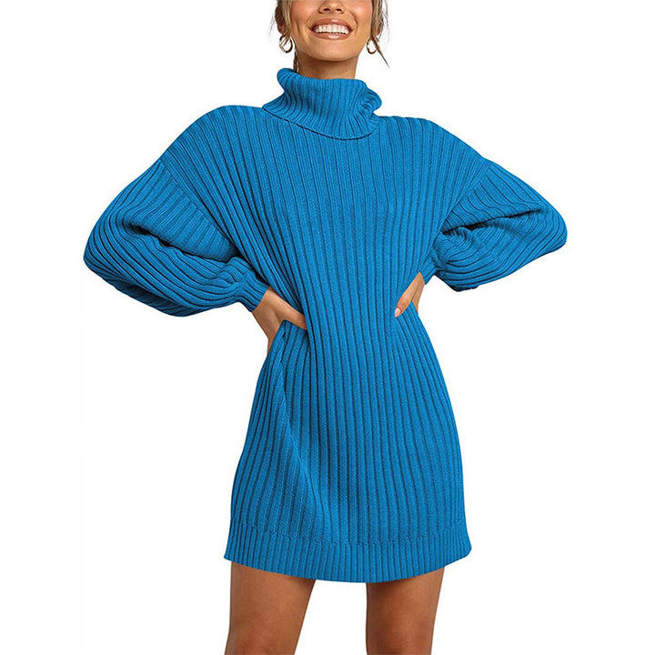 Women Ribbed Turtleneck Mini Dress with Oversized Silhouette and Balloon Sleeves Mune Fashion
