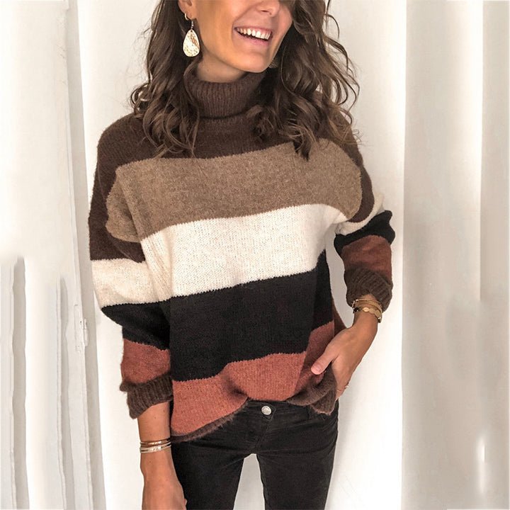 Women's Oversize-Block Stripe Turtleneck Sweater made of fluffy knit Mune Fashion