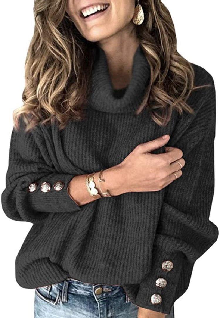 Women's Oversized Turtleneck Sweater with Ribbed Texture and Decorative Button Placket Mune Fashion
