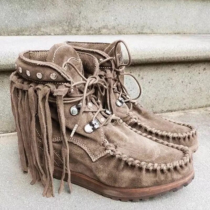 Women's Moccasin-Ankle Boot with Fringe, Lacing and Padded Comfort Footbed Mune Fashion