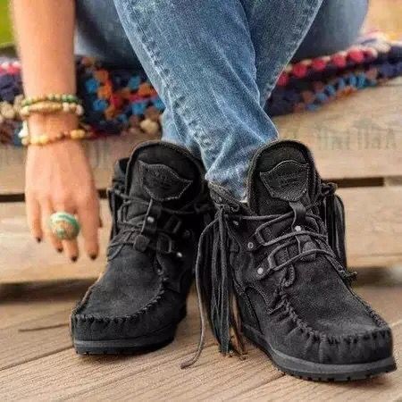 Women's Moccasin-Ankle Boot with Fringe, Lacing and Padded Comfort Footbed Mune Fashion