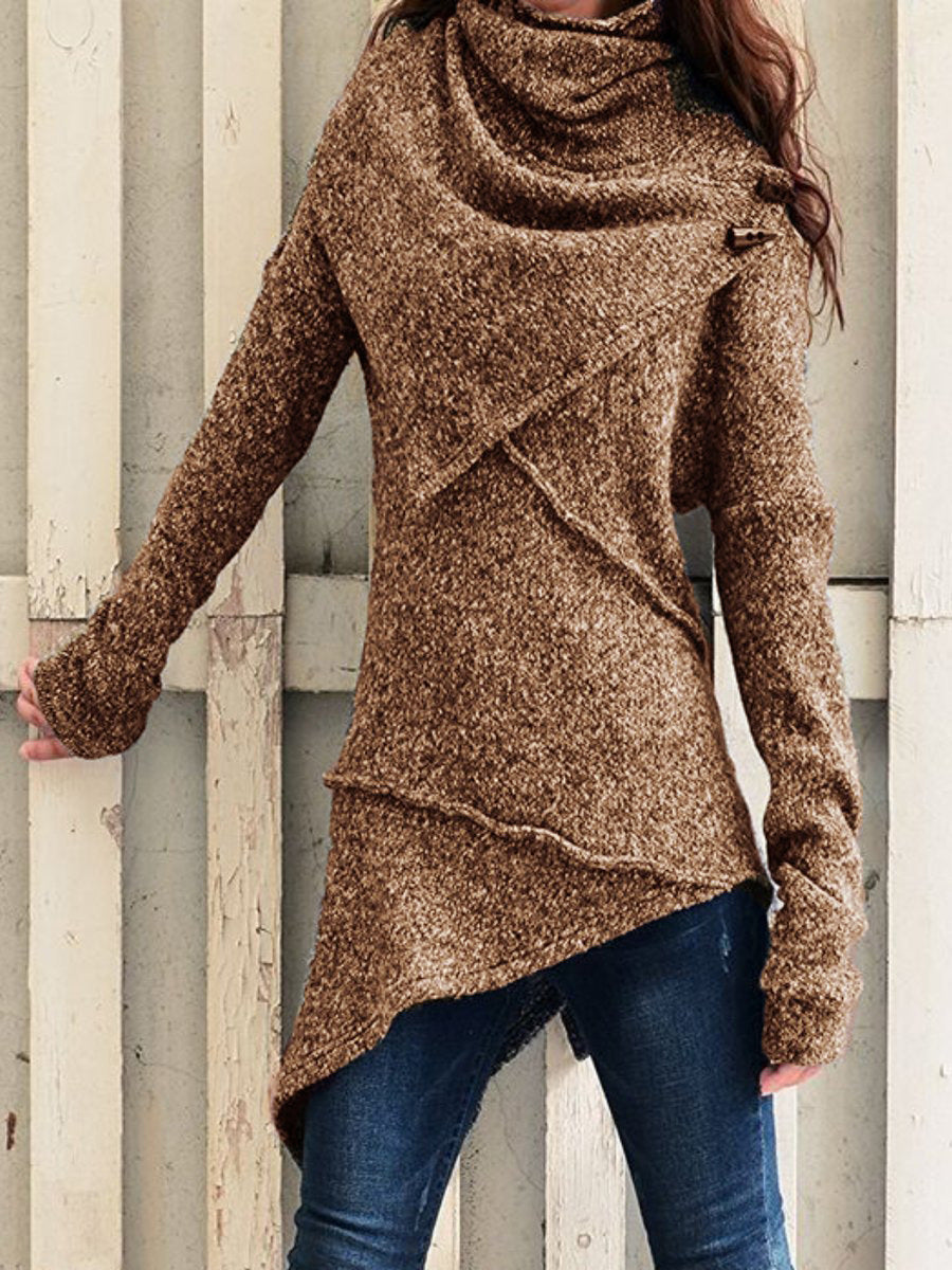 Women's Asymmetrical Boucle Knit Sweater with Large Shawl Collar Mune Fashion