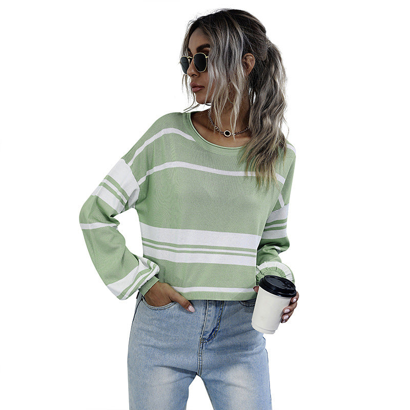 Women Striped Cropped Fine Knit Sweater with Wide Raglan Sleeves Mune Fashion