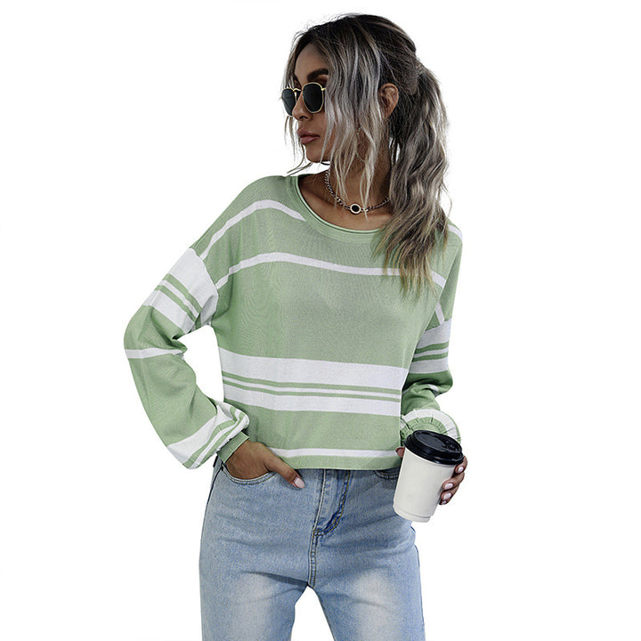 Women Striped Cropped Fine Knit Sweater with Wide Raglan Sleeves Mune Fashion