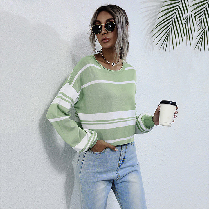 Women Striped Cropped Fine Knit Sweater with Wide Raglan Sleeves Mune Fashion