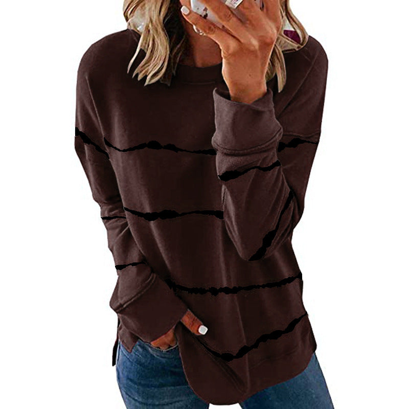 Women's casual oversized sweatshirt with wave-pattern stripes round neck side slits and rounded hem Mune Fashion