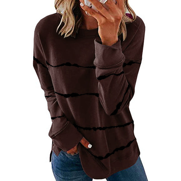Women's casual oversized sweatshirt with wave-pattern stripes round neck side slits and rounded hem Mune Fashion