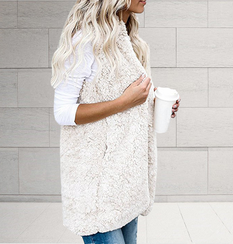 Women nan fluffy teddy vest with shawl collar and welt pockets Mune Fashion