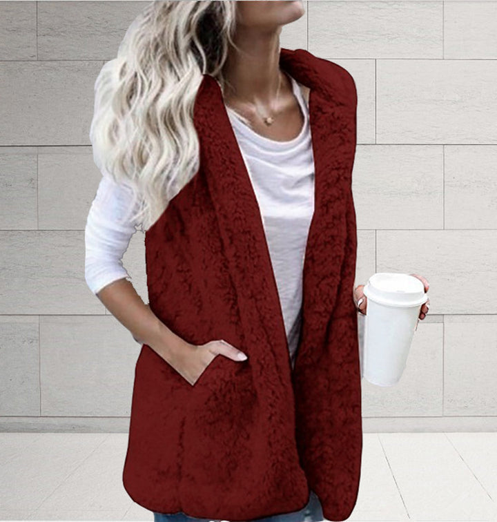 Women nan fluffy teddy vest with shawl collar and welt pockets Mune Fashion