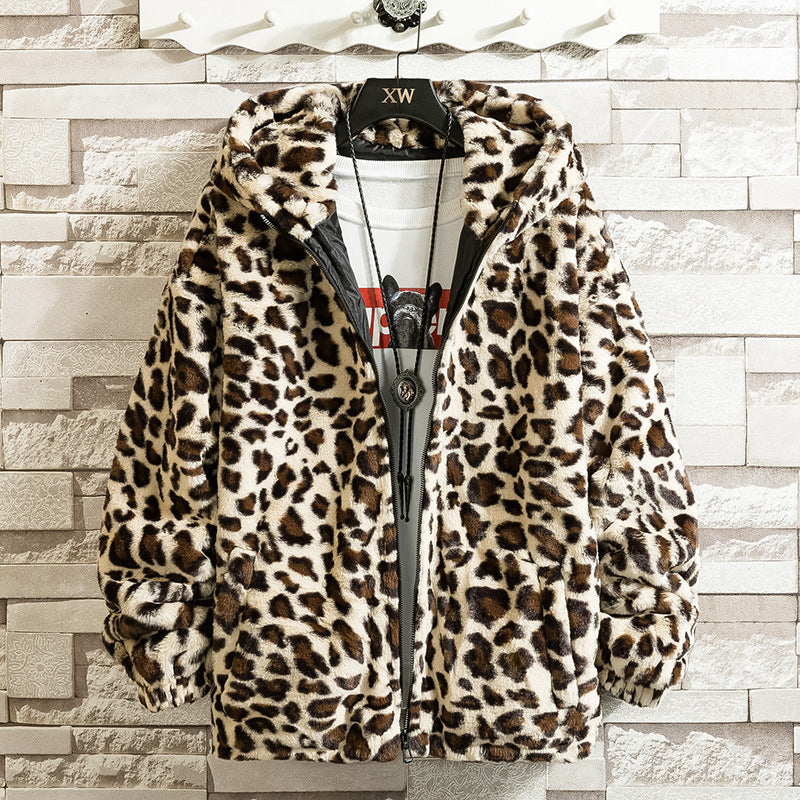 Women Cuddly Fleece Jacket with Leopard Pattern and Hood Mune