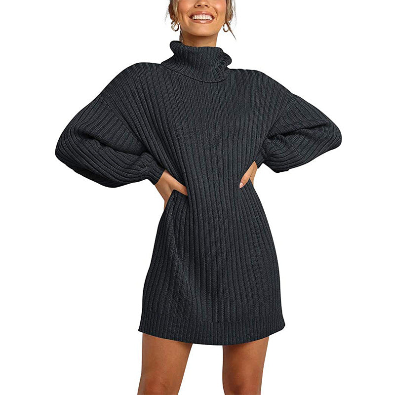 Women Ribbed Turtleneck Mini Dress with Oversized Silhouette and Balloon Sleeves Mune Fashion