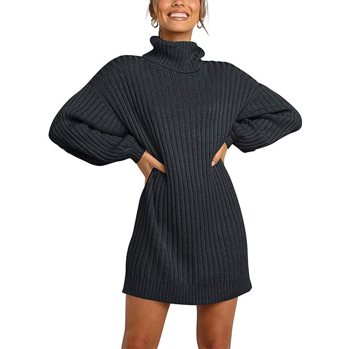 Women Ribbed Turtleneck Mini Dress with Oversized Silhouette and Balloon Sleeves Mune Fashion