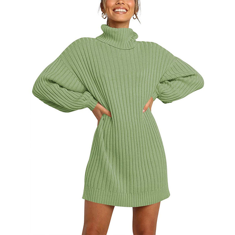 Women Ribbed Turtleneck Mini Dress with Oversized Silhouette and Balloon Sleeves Mune Fashion