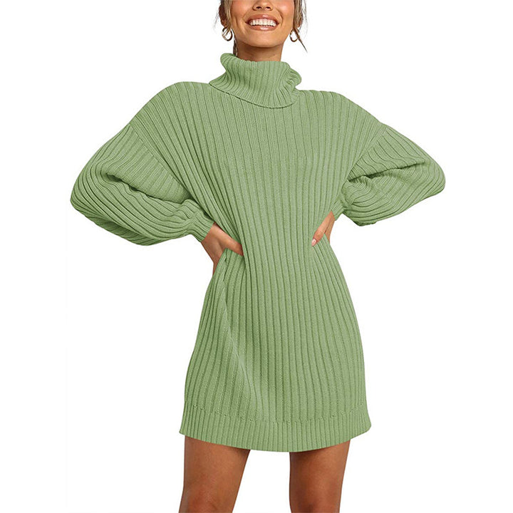 Women Ribbed Turtleneck Mini Dress with Oversized Silhouette and Balloon Sleeves Mune Fashion