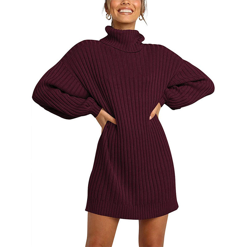Women Ribbed Turtleneck Mini Dress with Oversized Silhouette and Balloon Sleeves Mune Fashion
