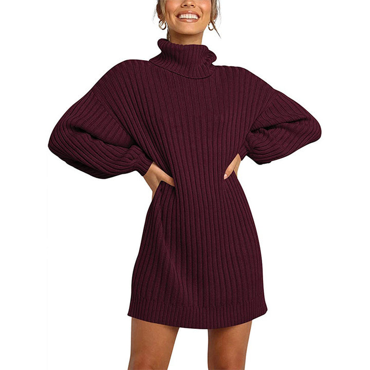Women Ribbed Turtleneck Mini Dress with Oversized Silhouette and Balloon Sleeves Mune Fashion
