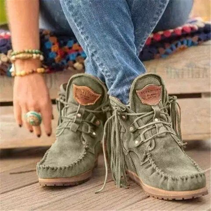 Women's Moccasin-Ankle Boot with Fringe, Lacing and Padded Comfort Footbed Mune Fashion