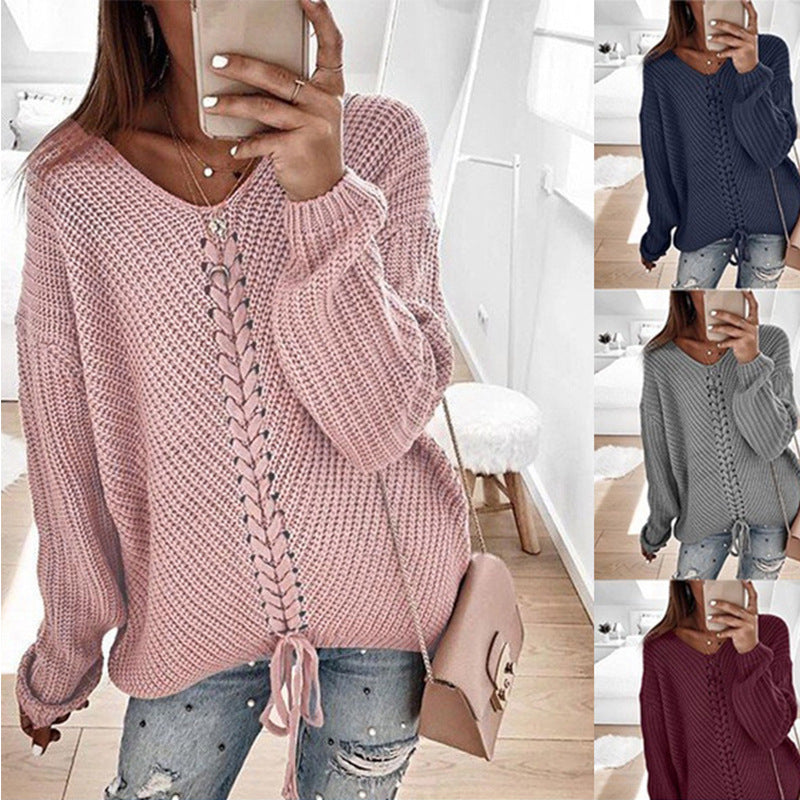 Women's Oversized Knit Sweater with V-Neck, Cable Knit and Lacing Mune Fashion