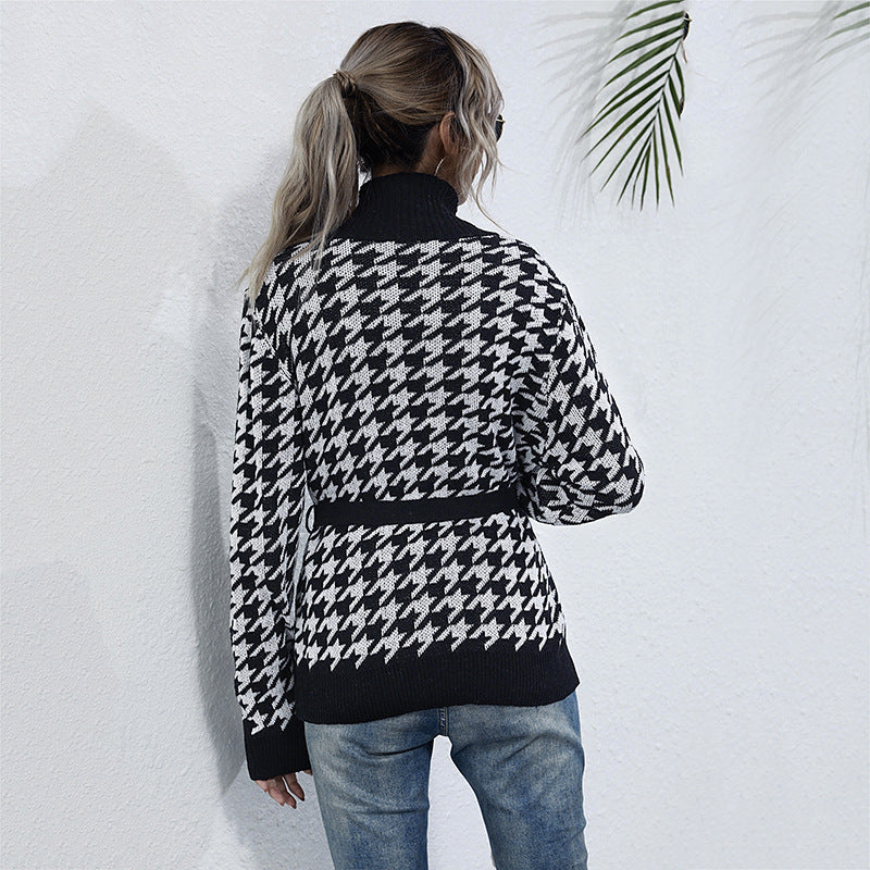 Women chunky knit cardigan in houndstooth with shawl collar and tie belt Mune Fashion