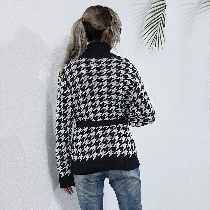 Women chunky knit cardigan in houndstooth with shawl collar and tie belt Mune Fashion