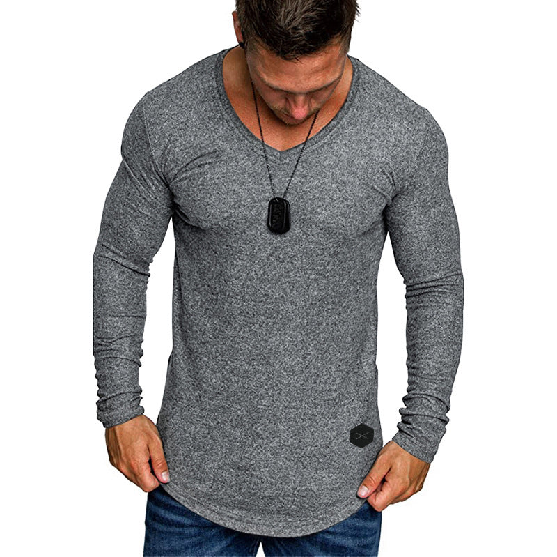 Men's Fitted Long Sleeve Shirt with Deep V-Neck, Elastic Cotton Blend and Rounded Hem Mune Fashion