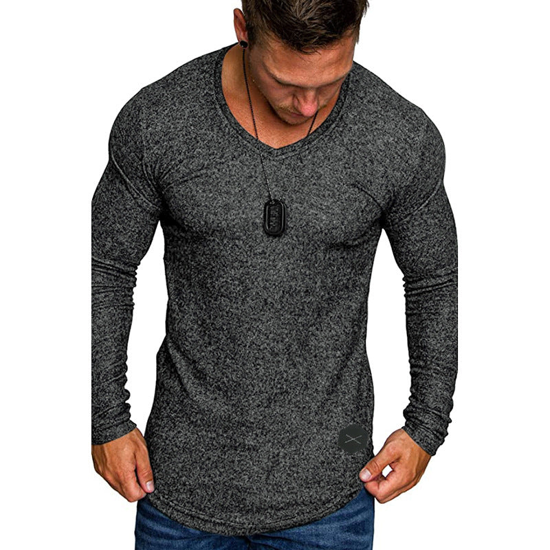 Men's Fitted Long Sleeve Shirt with Deep V-Neck, Elastic Cotton Blend and Rounded Hem Mune Fashion