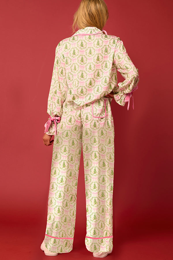 Mune | Christmas Printed Velour Lacing Long Sleeve Pocket Top and Elastic Waist Pants Set