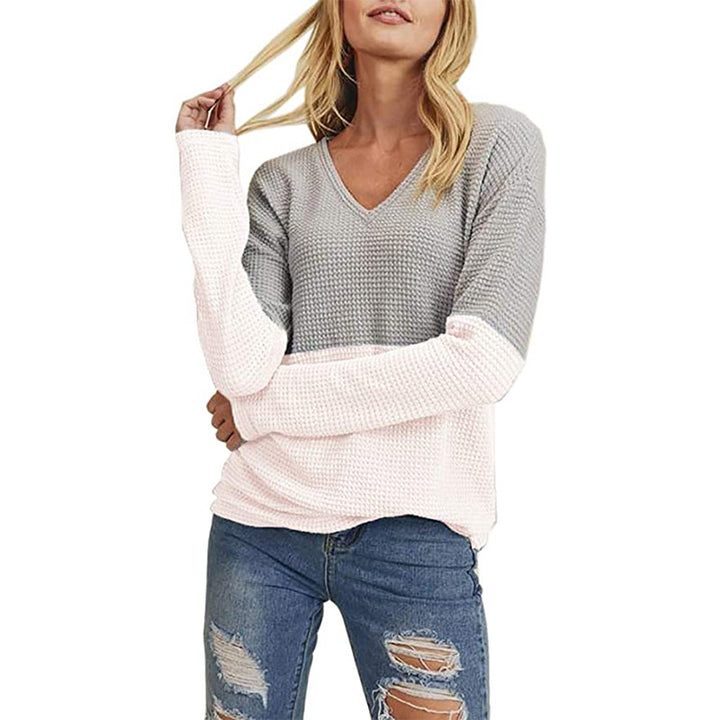 Women's Waffle Knit Sweater with V-Neck and Color Block Design Mune Fashion