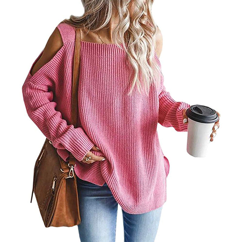 Women's Oversized Knit Sweater with Cut-Out Shoulder, Ribbed Fine Knit and Wide U Boat Neck Mune Fashion