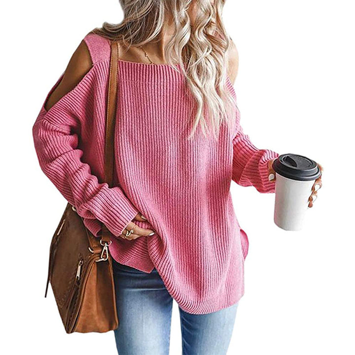 Women's Oversized Knit Sweater with Cut-Out Shoulder, Ribbed Fine Knit and Wide U Boat Neck Mune Fashion