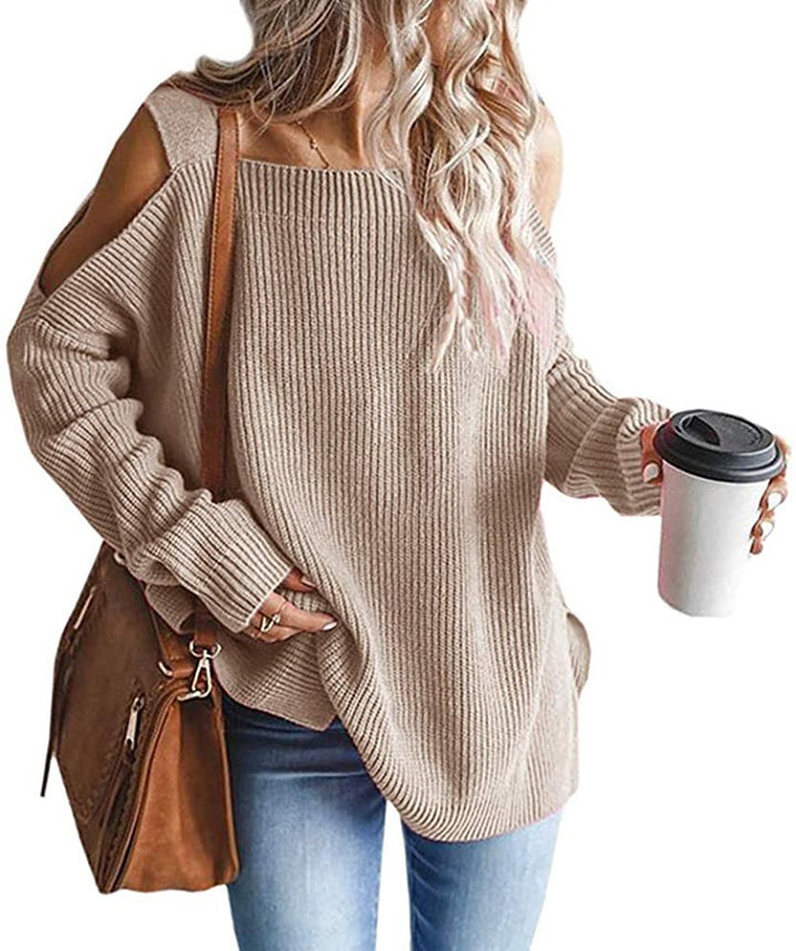 Women's Oversized Knit Sweater with Cut-Out Shoulder, Ribbed Fine Knit and Wide U Boat Neck Mune Fashion