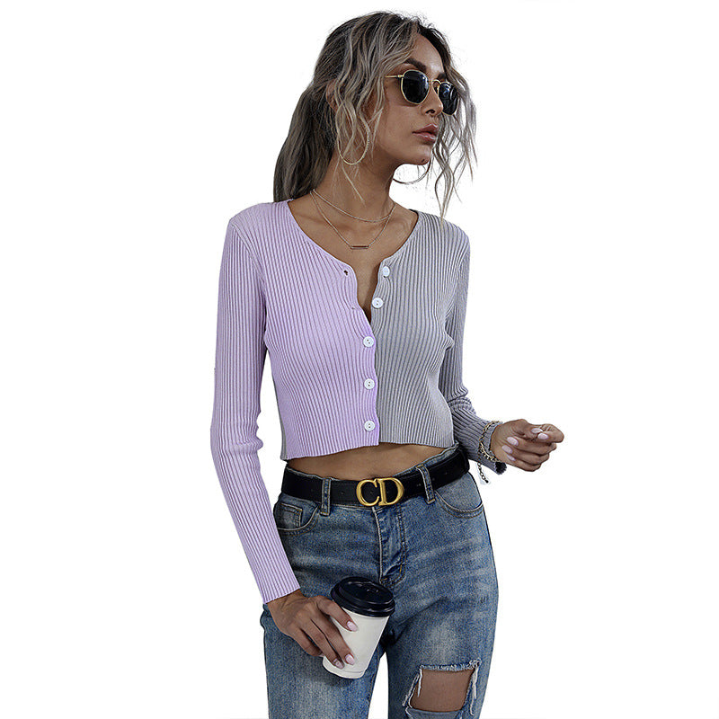 Women's Cropped Ribbed Cardigan with V-Neck and Full Button Placket Mune Fashion