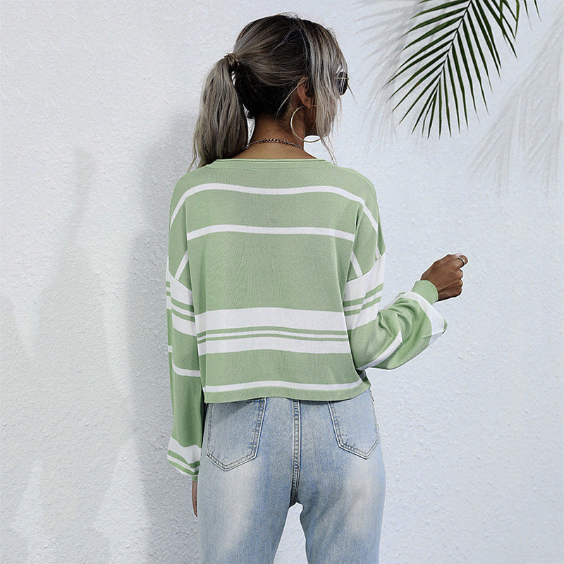 Women Striped Cropped Fine Knit Sweater with Wide Raglan Sleeves Mune Fashion