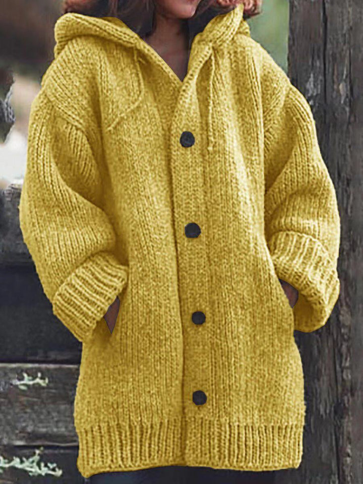 Women Long Slouchy Chunky Knit Coat Cardigan with Hood, Dropped Shoulder and Large Buttons Mune Fashion