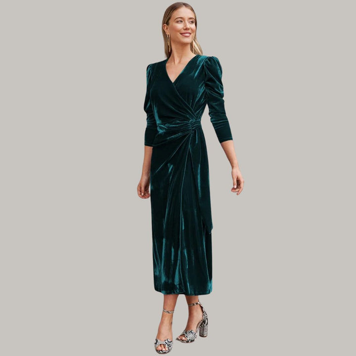 Mune | Midi Portfolio Dress In Velour with Puff Sleeves