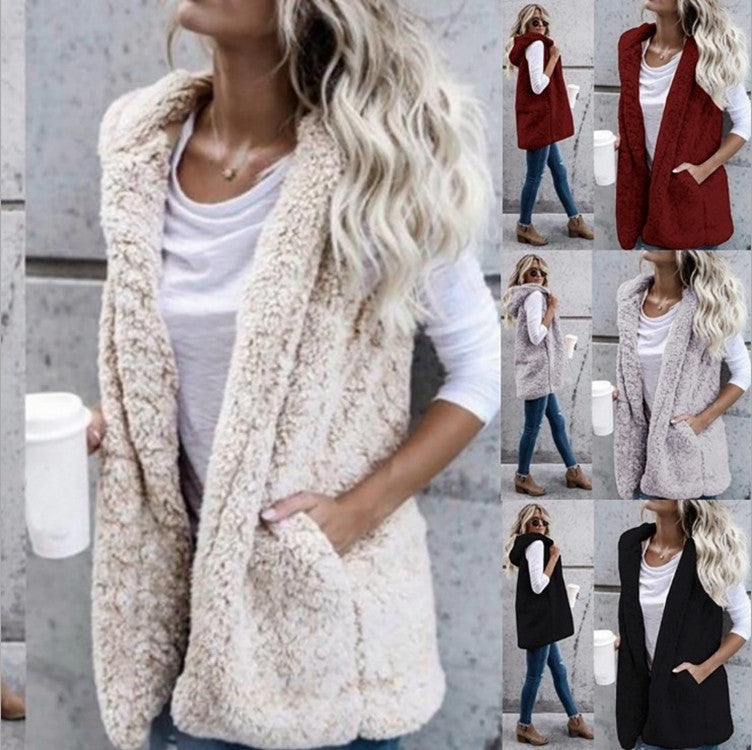 Women nan fluffy teddy vest with shawl collar and welt pockets Mune Fashion