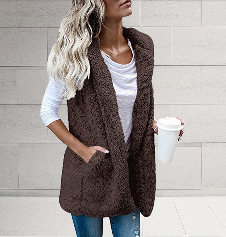 Women nan fluffy teddy vest with shawl collar and welt pockets Mune Fashion