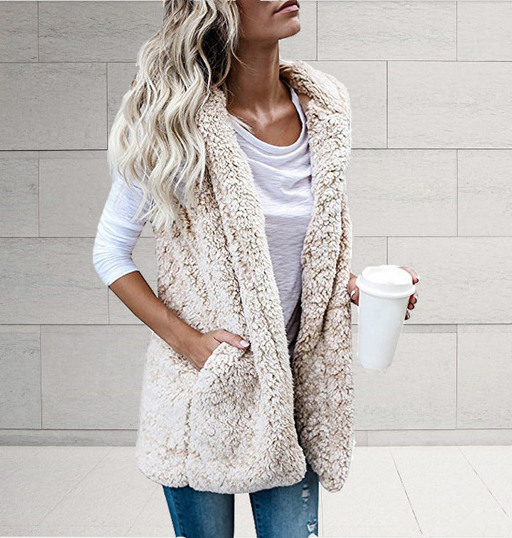 Women nan fluffy teddy vest with shawl collar and welt pockets Mune Fashion